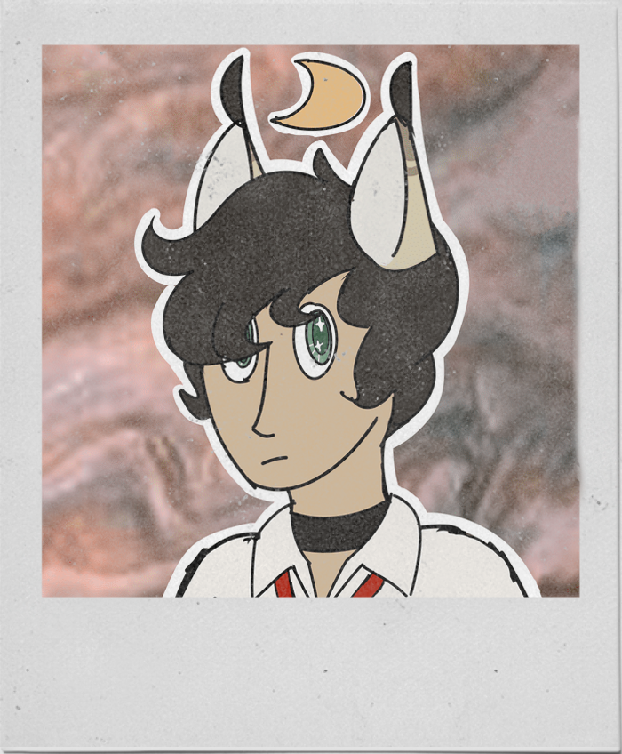 Art of a tan person with green eyes, lynx ears, and an orange crescent moon halo above their head.