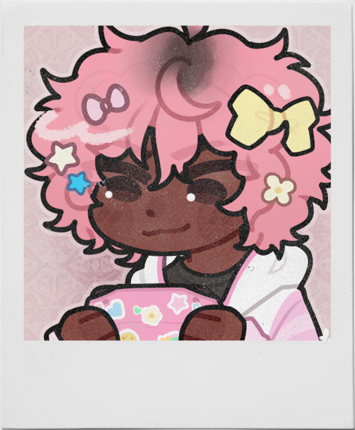 Polaroid art of a young black girl with pink hair playing on a pink Gameboy Advance.