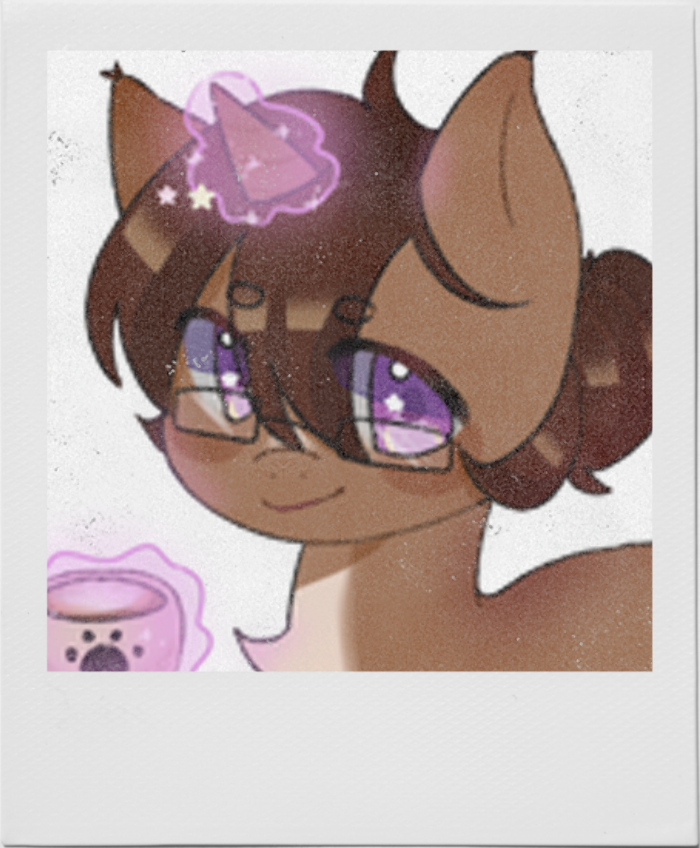 Polaroid art of a brown pony with purple eyes holding a cup with her magic.