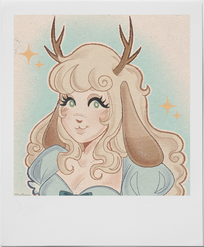 Art of a blonde satyr with deer antlers.