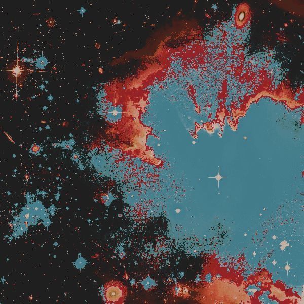 A painting of a galaxy with the colors blue, red, and white.