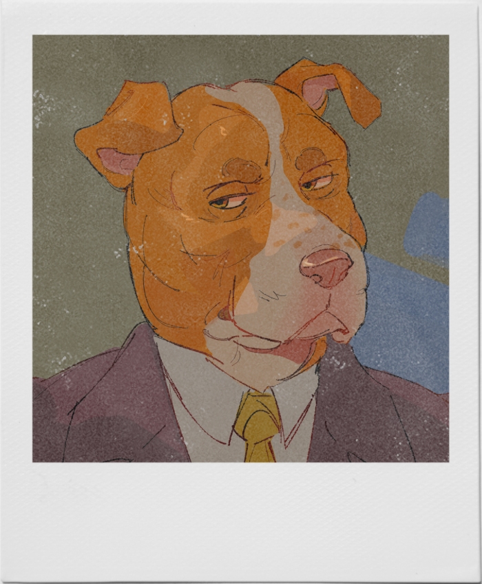 Art of an anthrorpomorphic red and white pitbull wearing a suit.