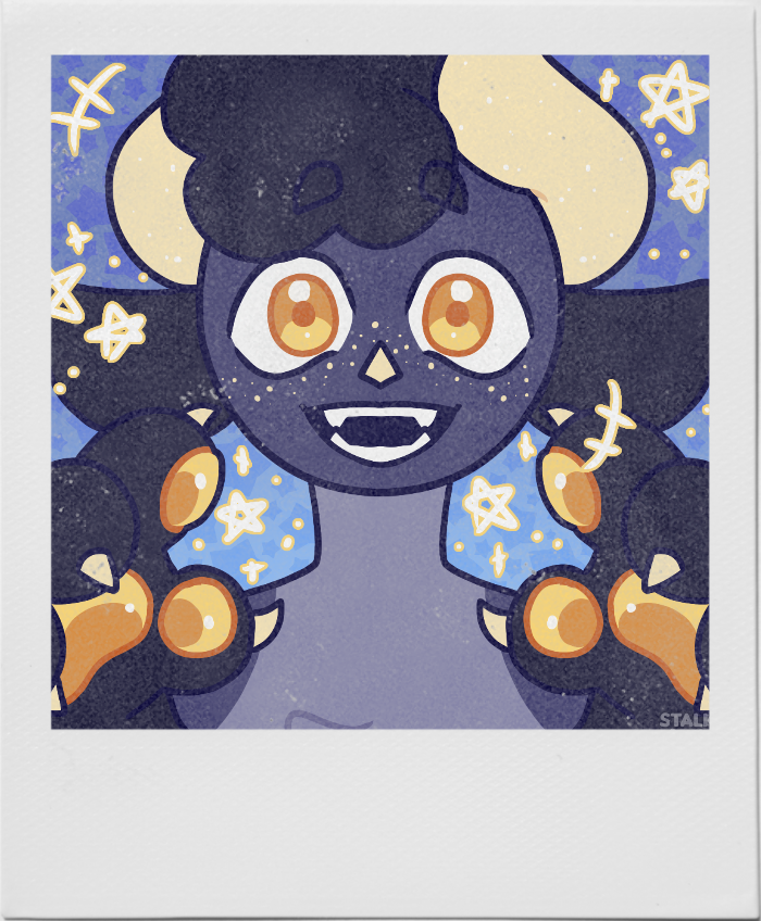 Art of a purple furry chamelon with yellow horns.