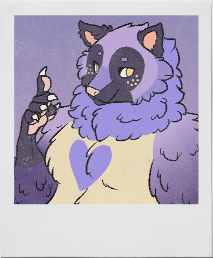 Art of an anthropomorphic purple tanuki with a yellow chest.
