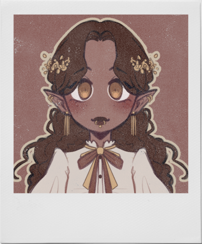 Art of a dark tan woman with pointy ears and an elaborate lolita outfit.