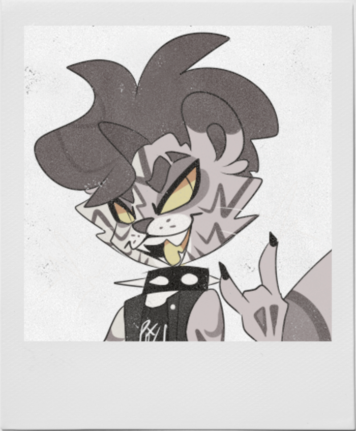 Art of an anthropomorphic punk snow leopard grinning at the viewer.