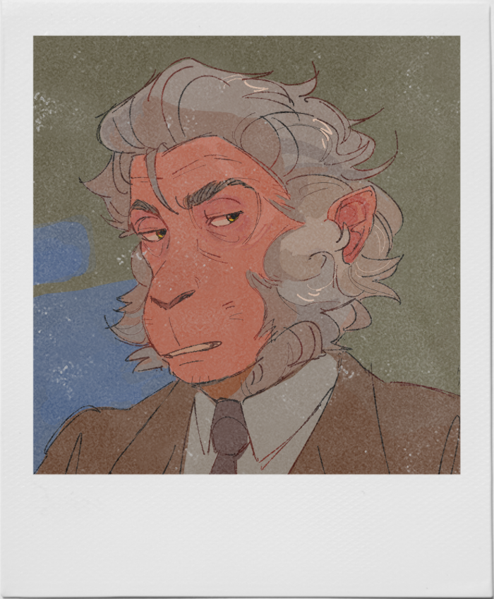 Art of an anthorpomorphic Japanese macaque wearing a suit looking sternly at the viewer.