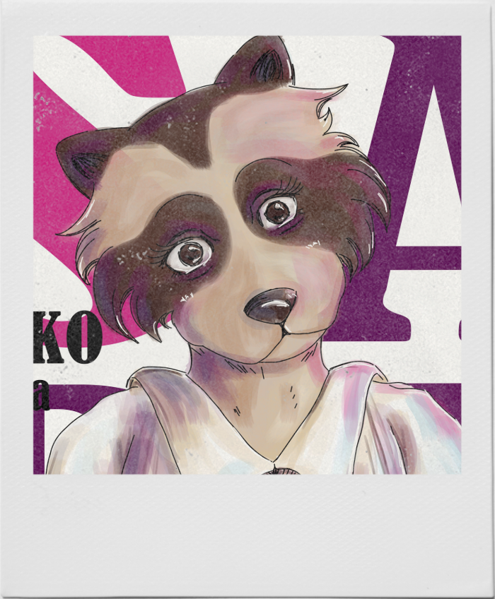 Art of an anthropomorphic tanuki staring shyly at the camera.