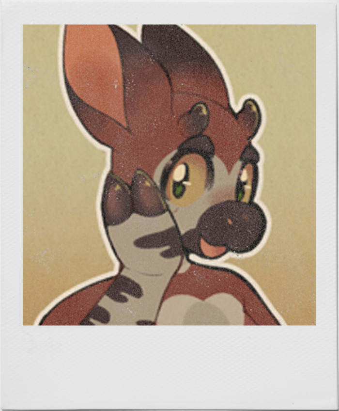 Polaroid art of an anthropomorphic okapi with a hoof resting on her cheek in surprise.
