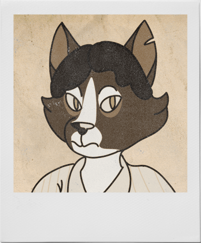 Art of a tan person with green eyes, lynx ears, and an orange crescent moon halo above their head.