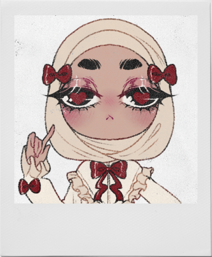 Art of a hijabi with red bows on her clothes.